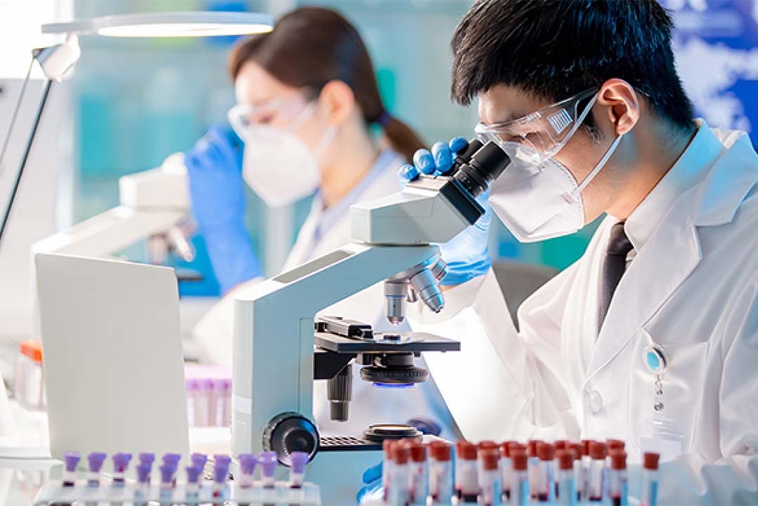 Researchers examining blood samples under microscope