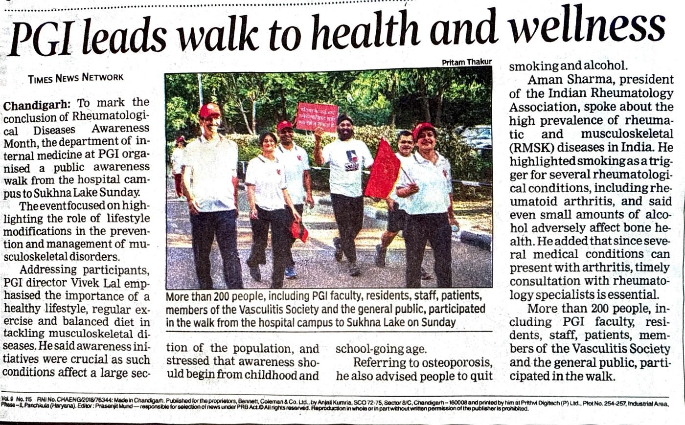 Press coverage — Times of India report 'PGI leads walk to health and wellness' on the Rheumatological Diseases Awareness Walk to Sukhna Lake