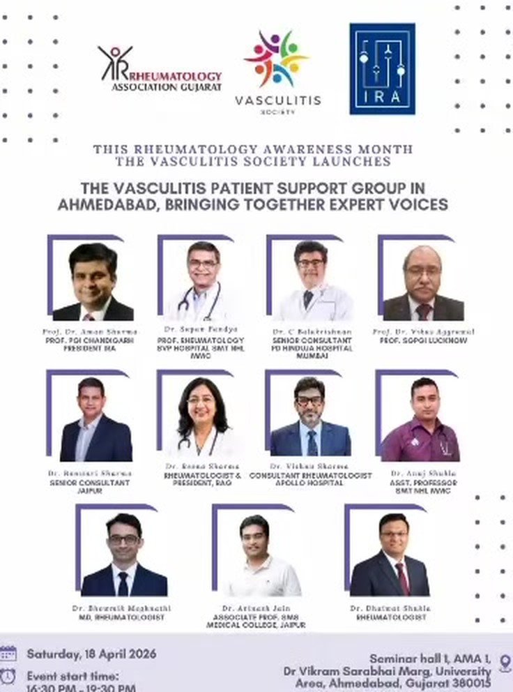 Vasculitis Patient Support Group launch poster — Ahmedabad, April 18, 2026, with speaker lineup and venue details