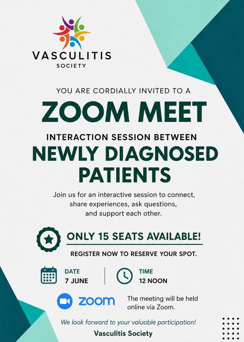 Vasculitis Society Zoom Meet — interaction session between newly diagnosed patients, 7 June 2026 at 12 noon