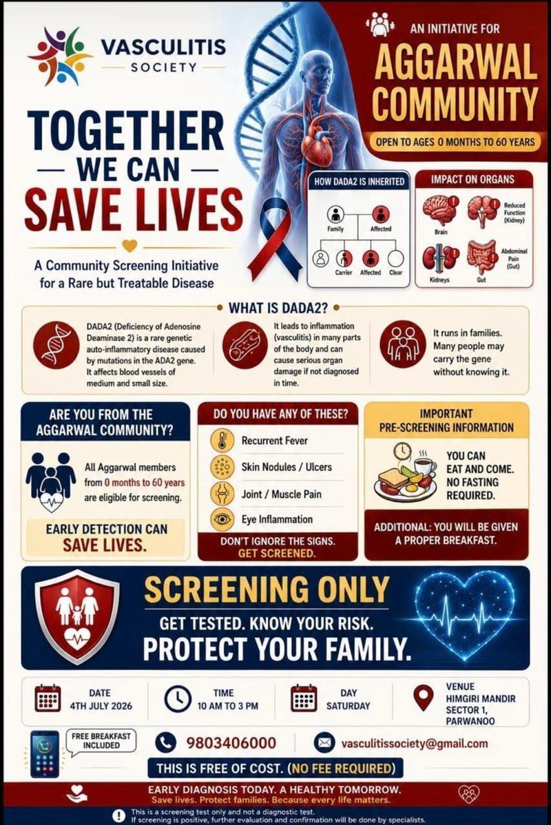 Vasculitis Society free DADA2 screening camp for the Aggarwal community — 4 July 2026, Himgiri Mandir, Sector 1, Parwanoo