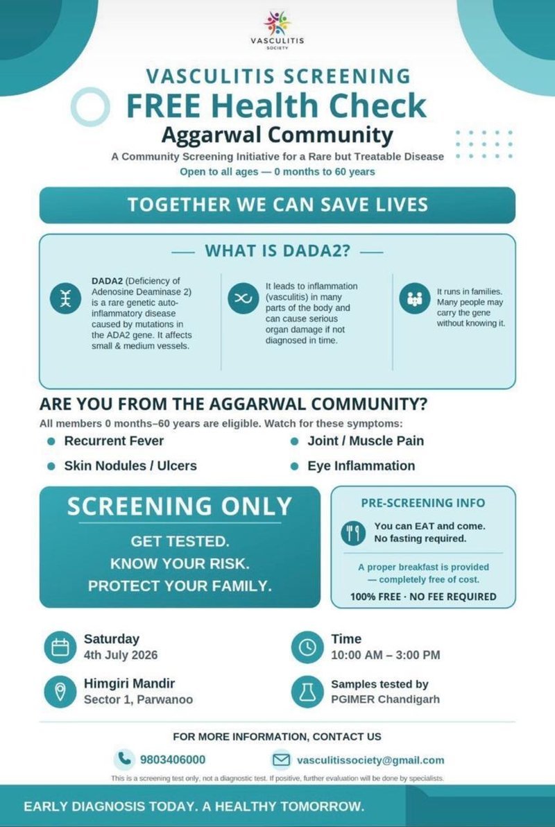 Vasculitis Society free health check DADA2 screening — 4 July 2026, Himgiri Mandir, Sector 1, Parwanoo