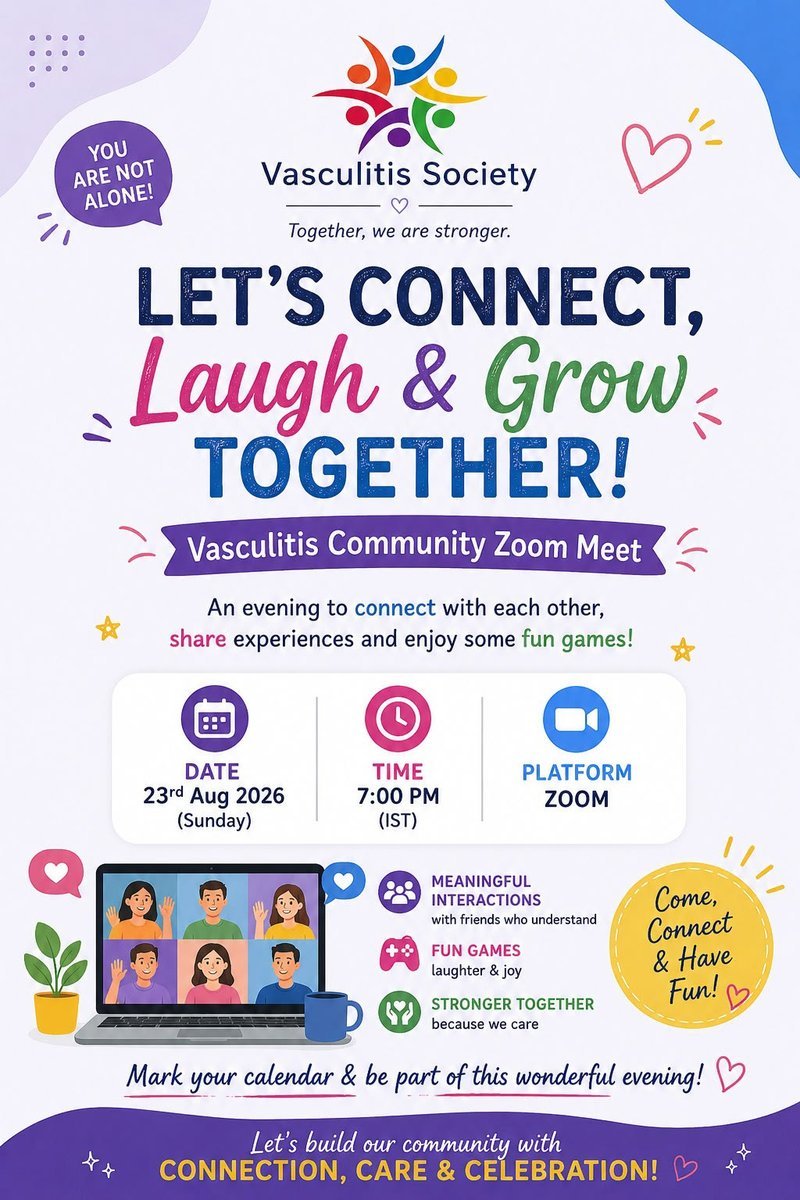 Let's Connect, Laugh & Grow Together — Vasculitis Community Zoom Meet, Sunday 23 August 2026 at 7:00 PM IST on Zoom