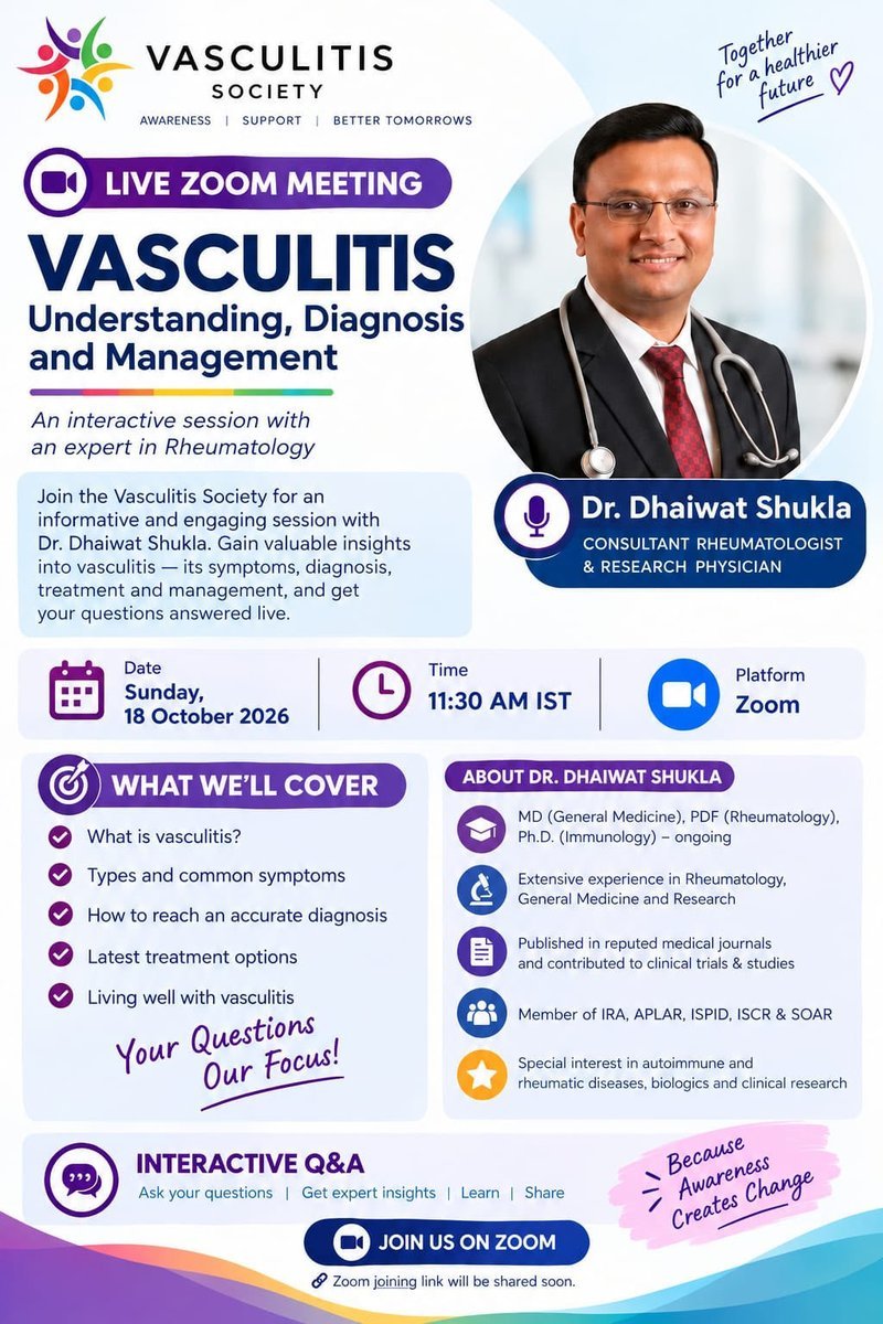 Live Zoom meeting — Vasculitis: Understanding, Diagnosis and Management with Dr. Dhaiwat Shukla, Sunday 18 October 2026 at 11:30 AM IST