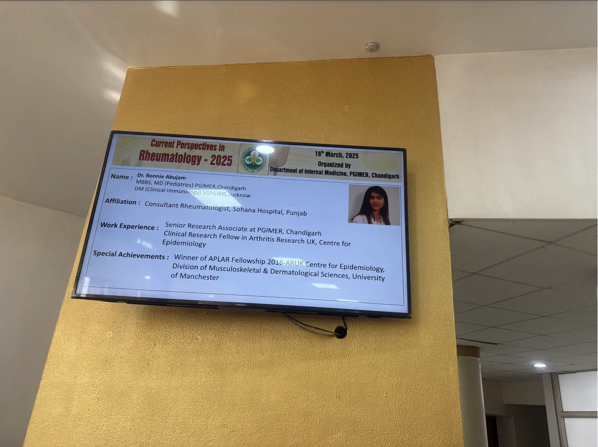 Current Perspectives in Rheumatology 2025 — speaker profile on screen, Sohana Hospital