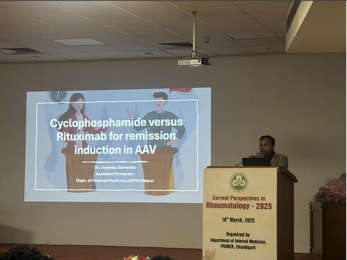 Current Perspectives in Rheumatology 2025 — speaker presenting Cyclophosphamide vs Rituximab in AAV